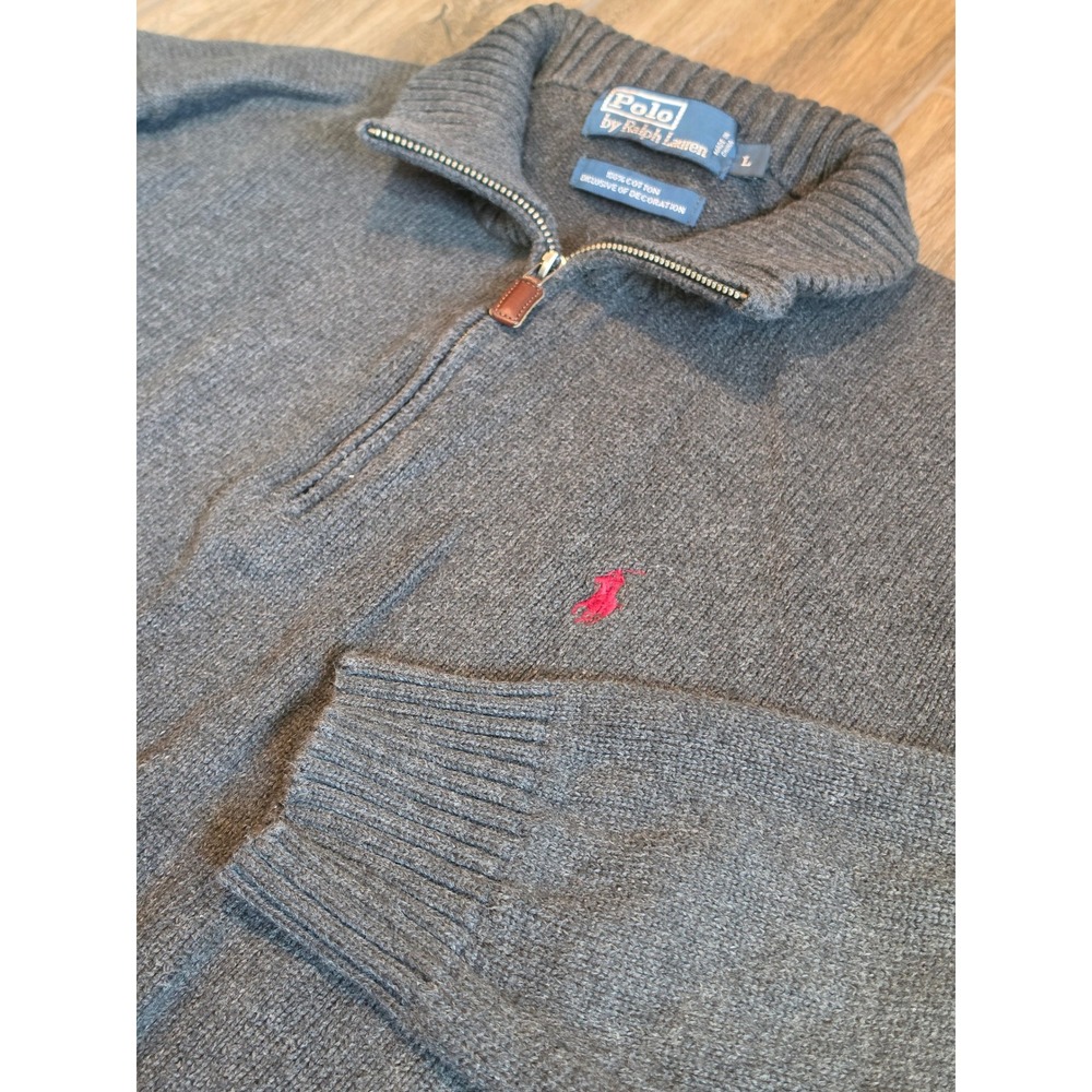 VTG Polo Ralph Lauren Mens Gray 100% Cotton Quarter Zip Pullover Sweater Large